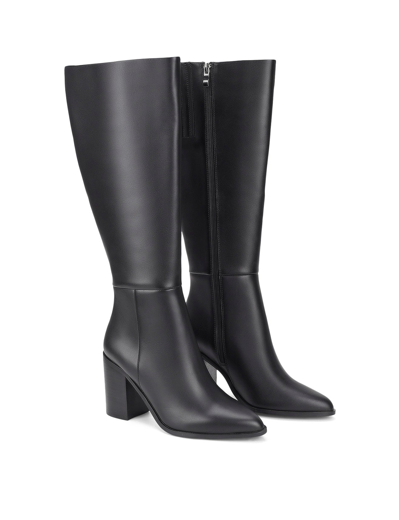 Women's black leather knee high boot with stacked leather block high heel and pointed toe. 