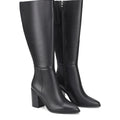 Women's black leather knee high boot with stacked leather block high heel and pointed toe. 