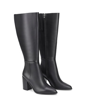 Women's black leather knee high boot with stacked leather block high heel and pointed toe. 