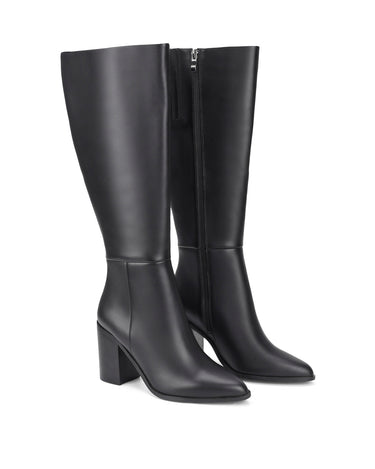 Women's black leather knee high boot with stacked leather block high heel and pointed toe. 