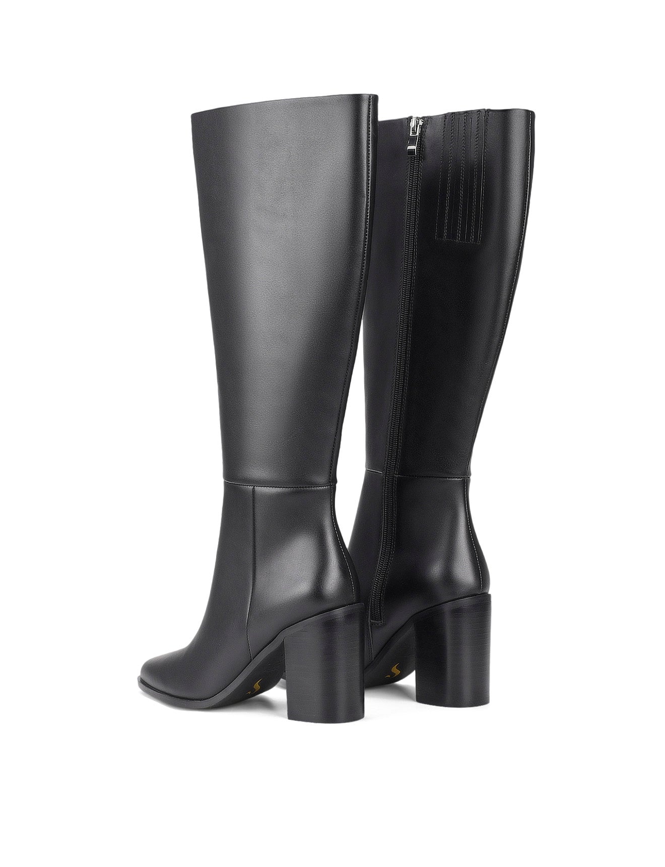 Women's black leather knee high boot with stacked leather block high heel and pointed toe. 