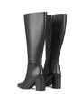 Women's black leather knee high boot with stacked leather block high heel and pointed toe. 