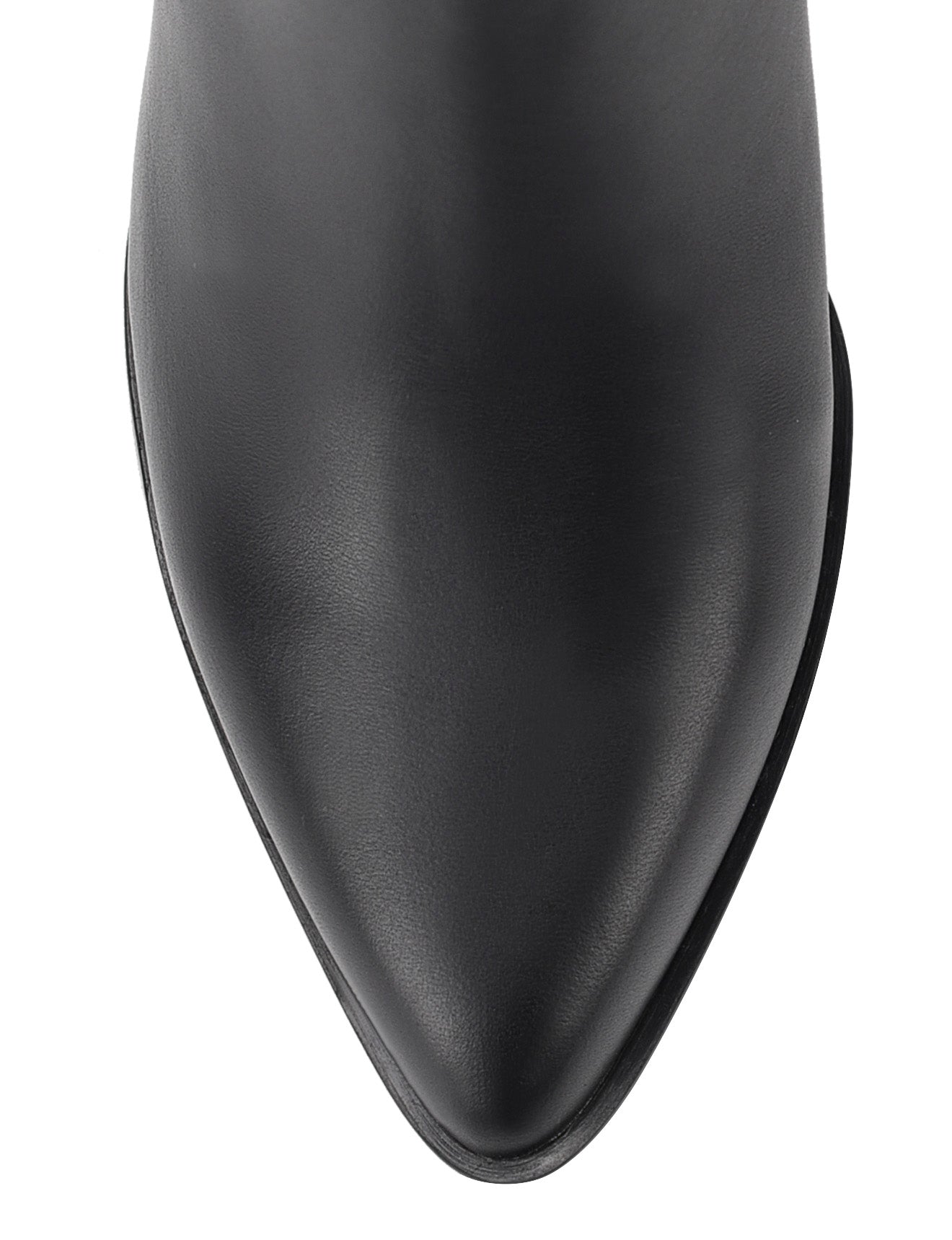 Women's black leather knee high boot with stacked leather block high heel and pointed toe. 