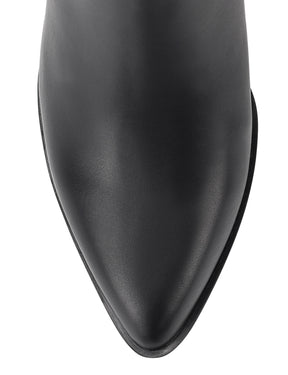 Women's black leather knee high boot with stacked leather block high heel and pointed toe. 