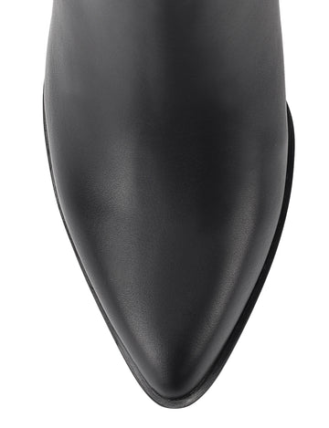 Women's black leather knee high boot with stacked leather block high heel and pointed toe. 