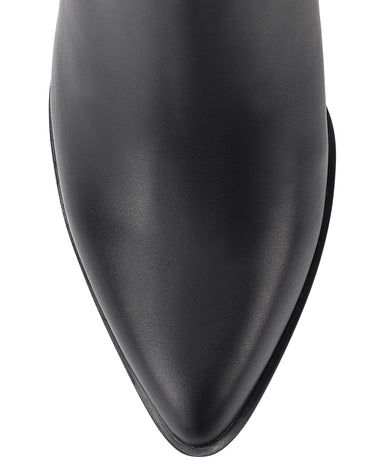 Women's black leather knee high boot with stacked leather block high heel and pointed toe. 