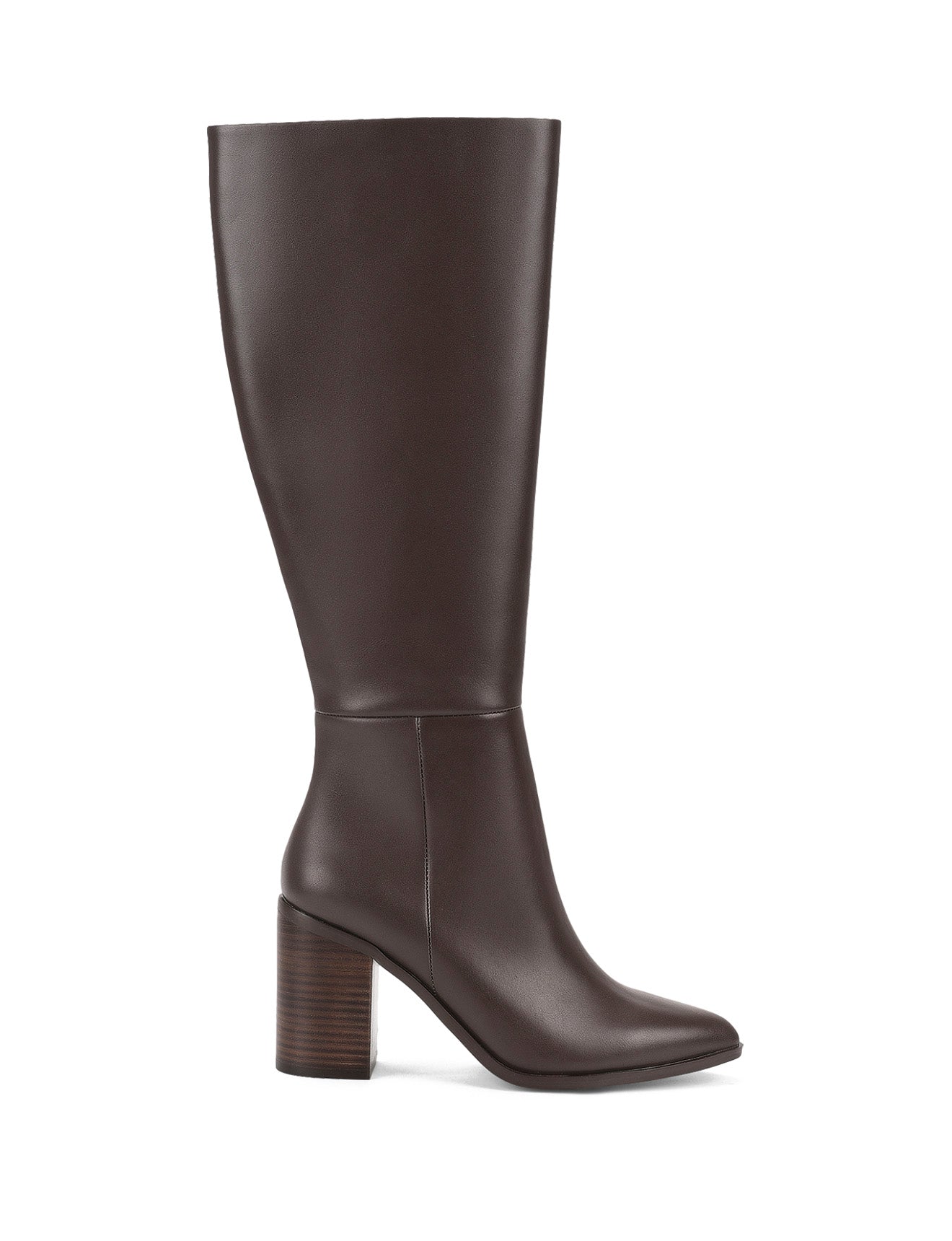 Women's leather knee high boots with stacked leather block high heel and pointed toe and inner zipper.