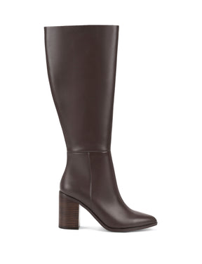 Women's leather knee high boots with stacked leather block high heel and pointed toe and inner zipper.