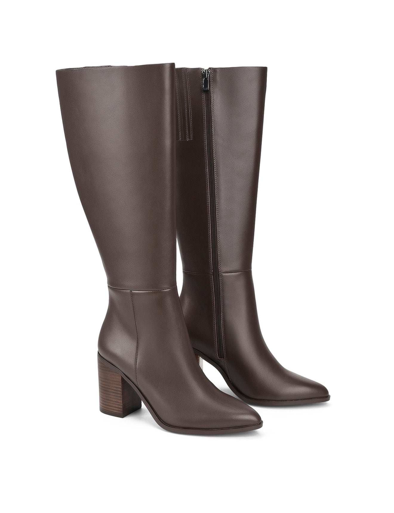 Women's leather knee high boots with stacked leather block high heel and pointed toe and inner zipper.