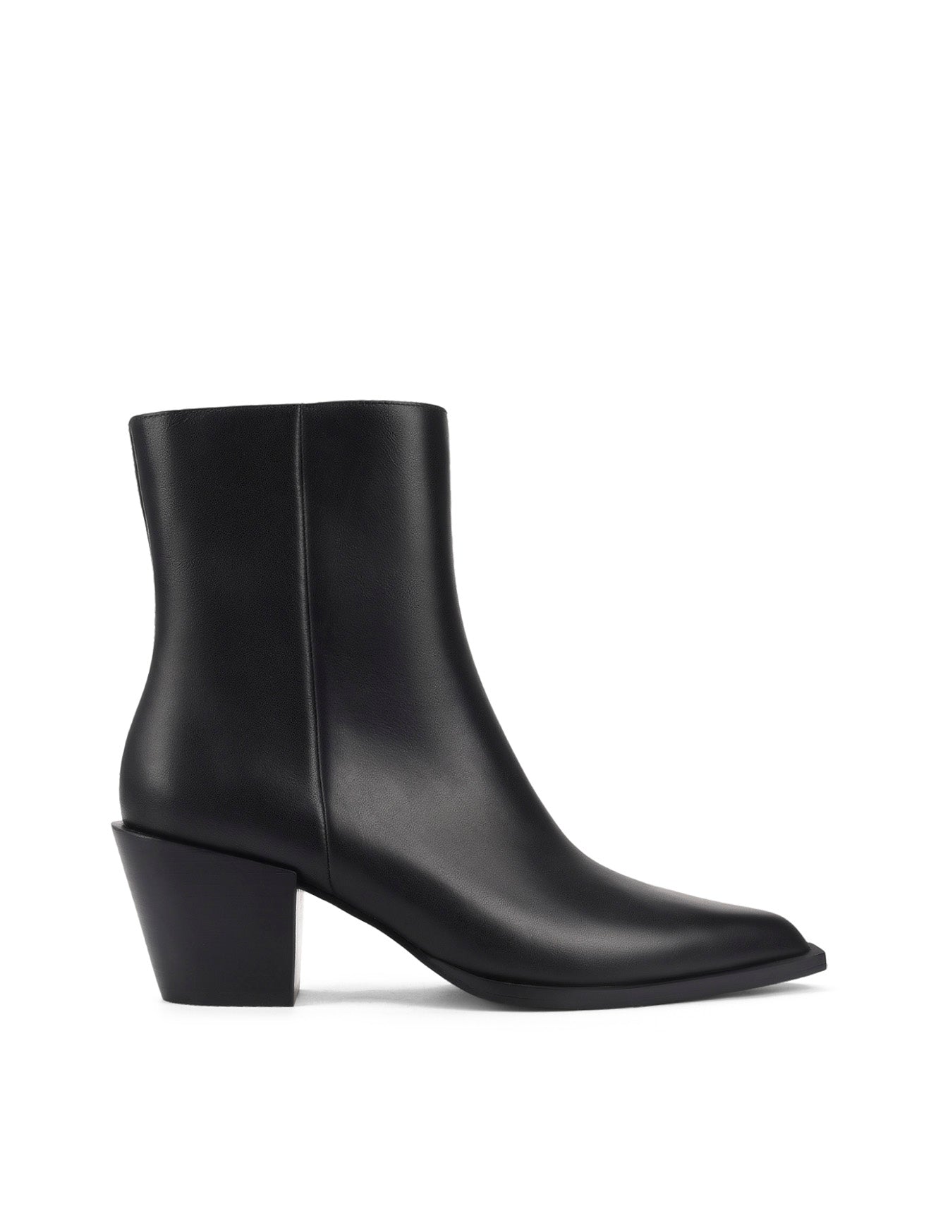 Women's premium leather ankle boot in black, inspired by cowboy western boots, with structural block heel and pointed toe
