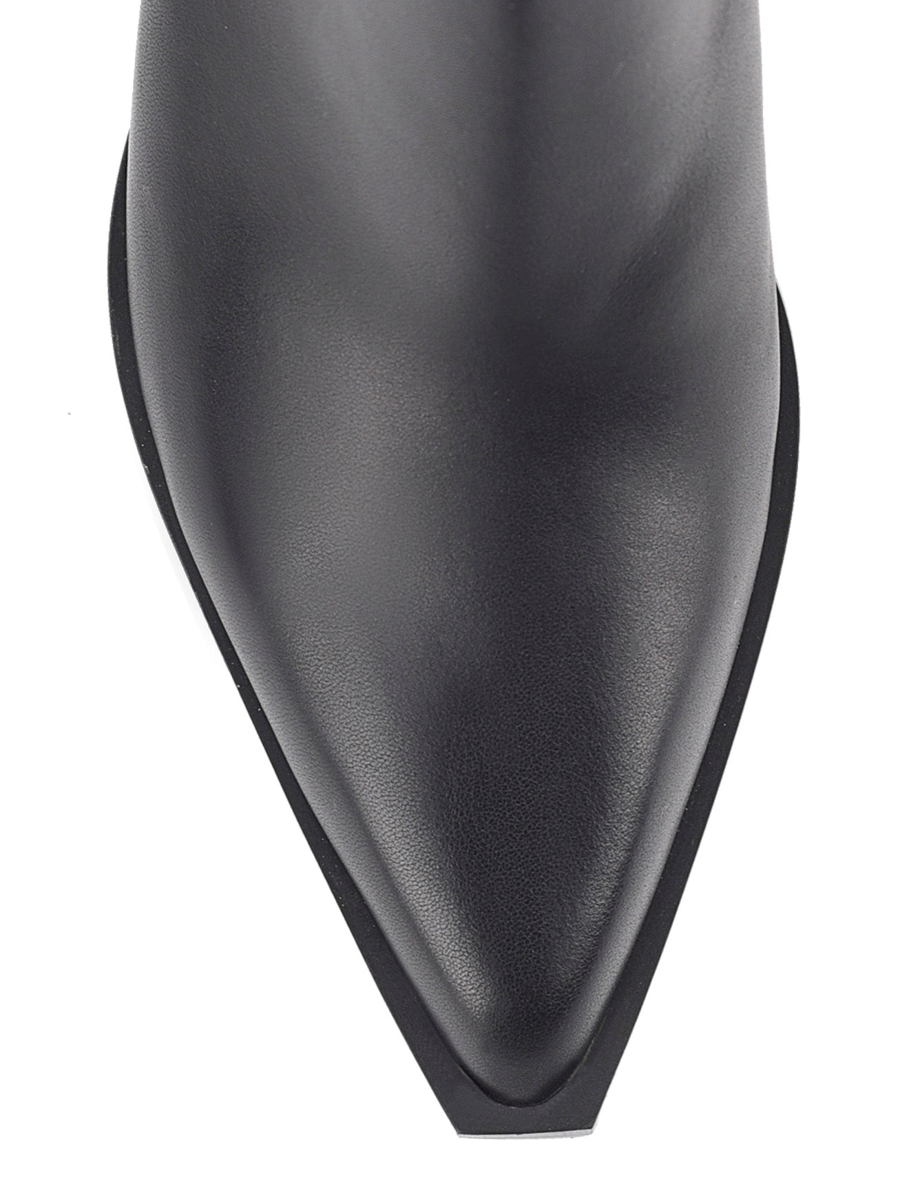 Women's premium leather ankle boot in black, inspired by cowboy western boots, with structural block heel and pointed toe