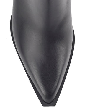 Women's premium leather ankle boot in black, inspired by cowboy western boots, with structural block heel and pointed toe