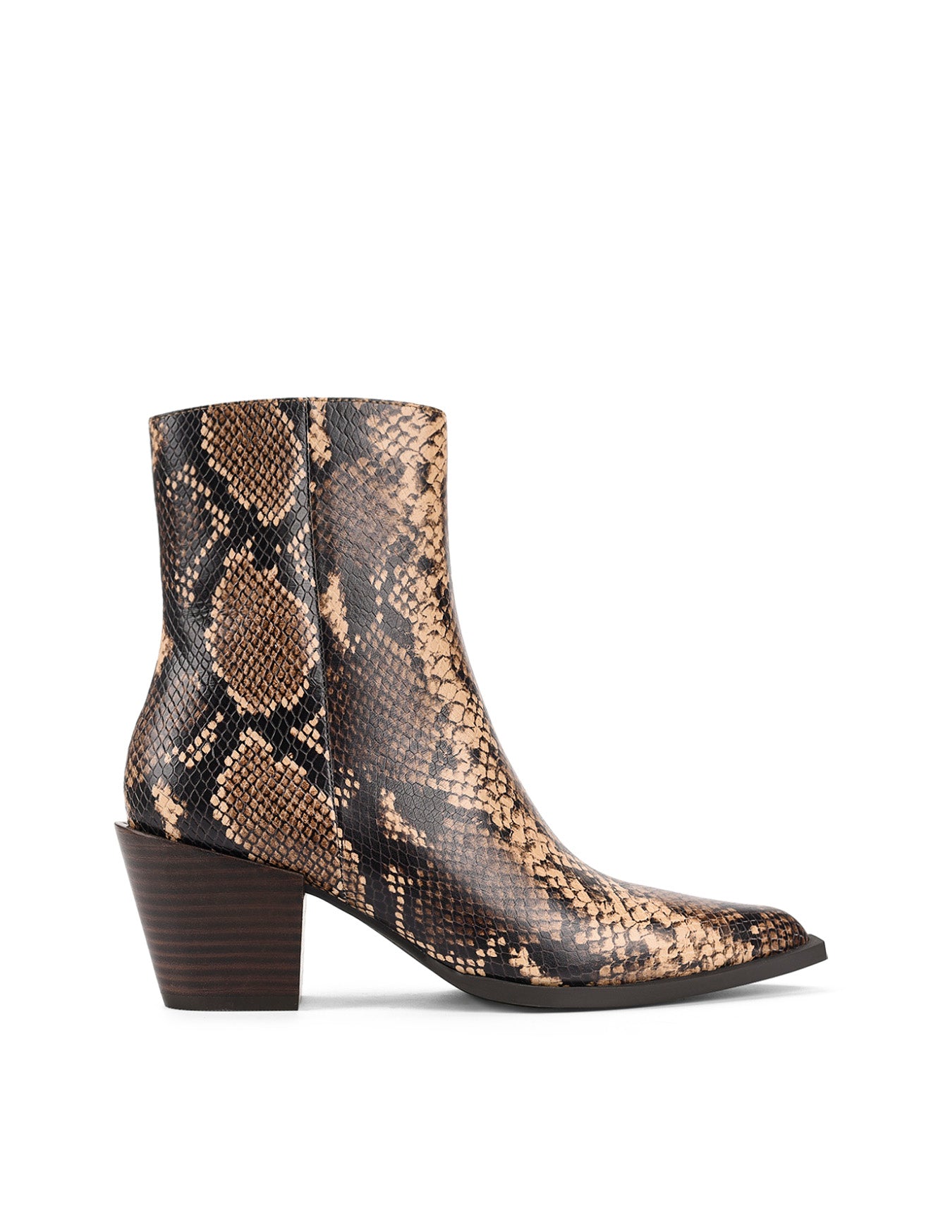 Women's premium leather ankle boot in brown snake print, inspired by cowboy western boots, with structural block heel and pointed toe