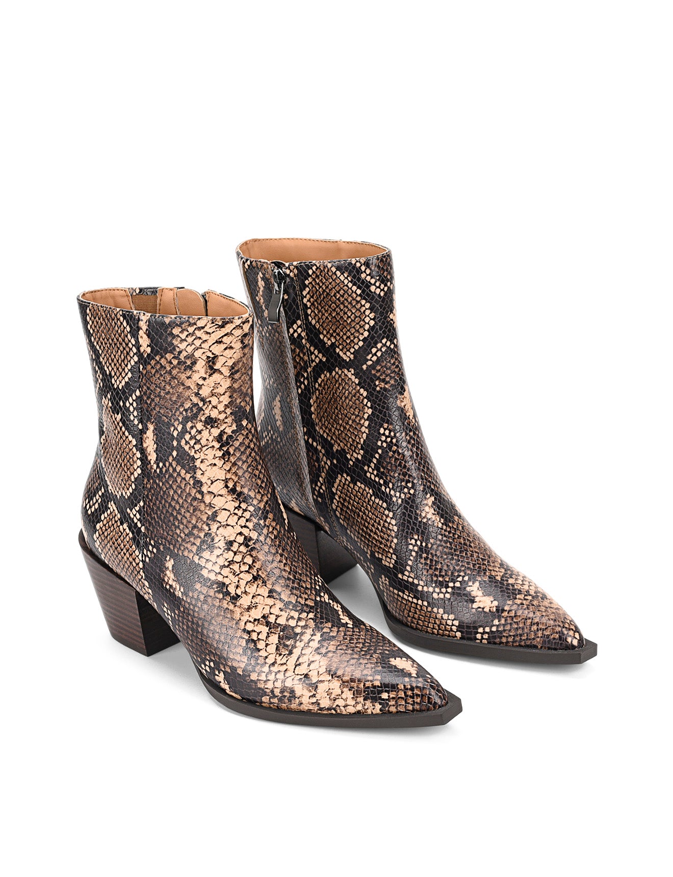 Women's premium leather ankle boot in brown snake print, inspired by cowboy western boots, with structural block heel and pointed toe