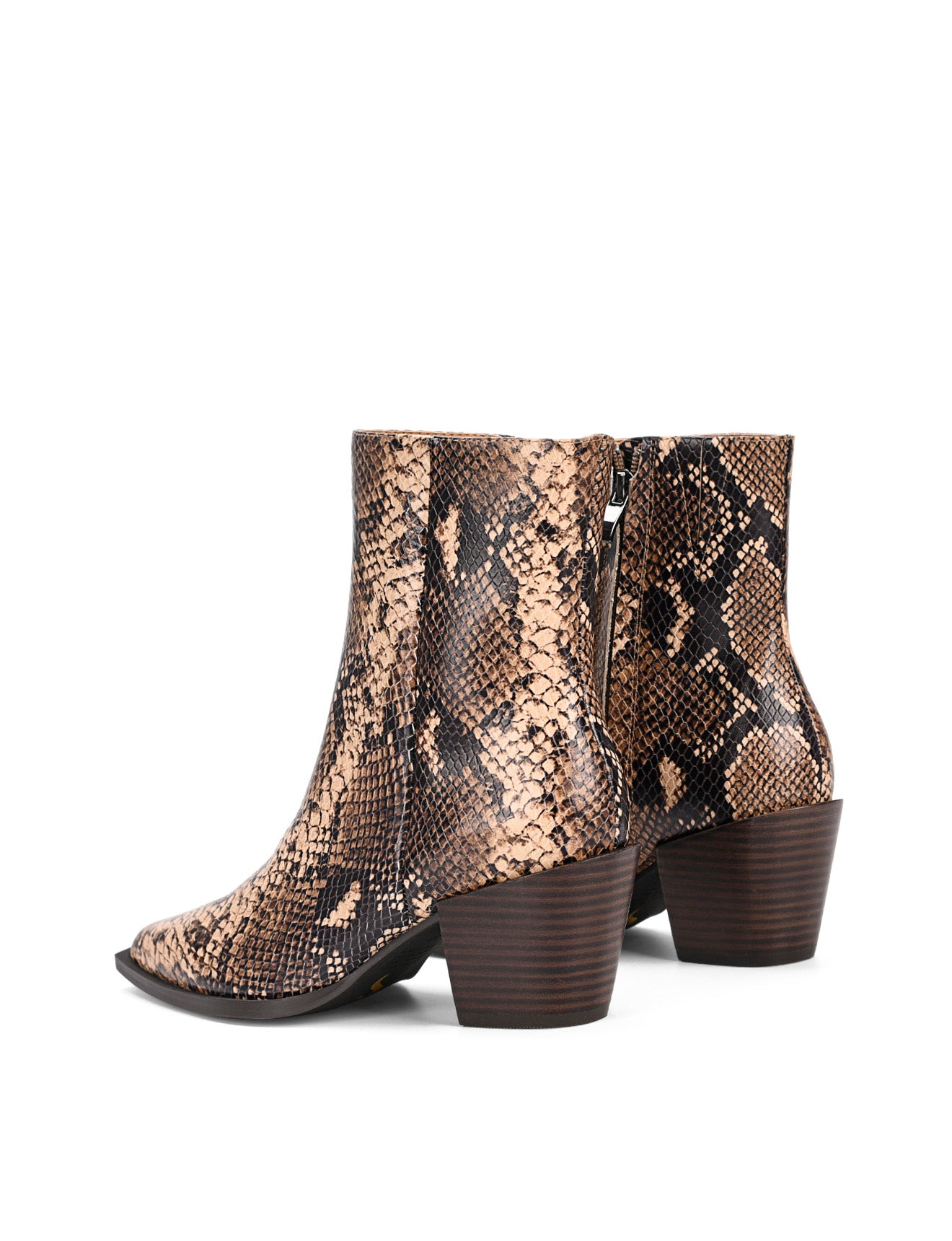 Women's premium leather ankle boot in brown snake print, inspired by cowboy western boots, with structural block heel and pointed toe