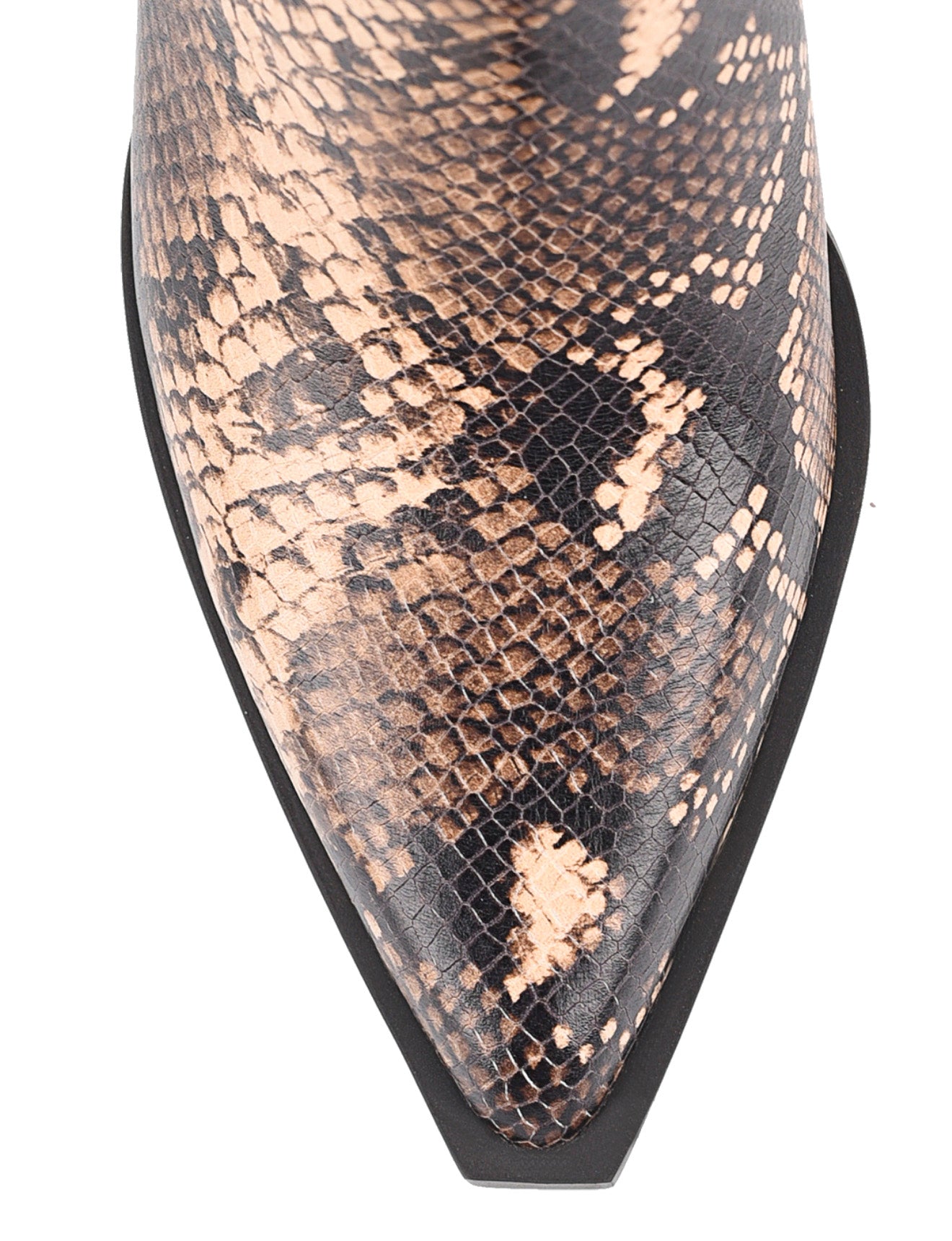 Women's premium leather ankle boot in brown snake print, inspired by cowboy western boots, with structural block heel and pointed toe