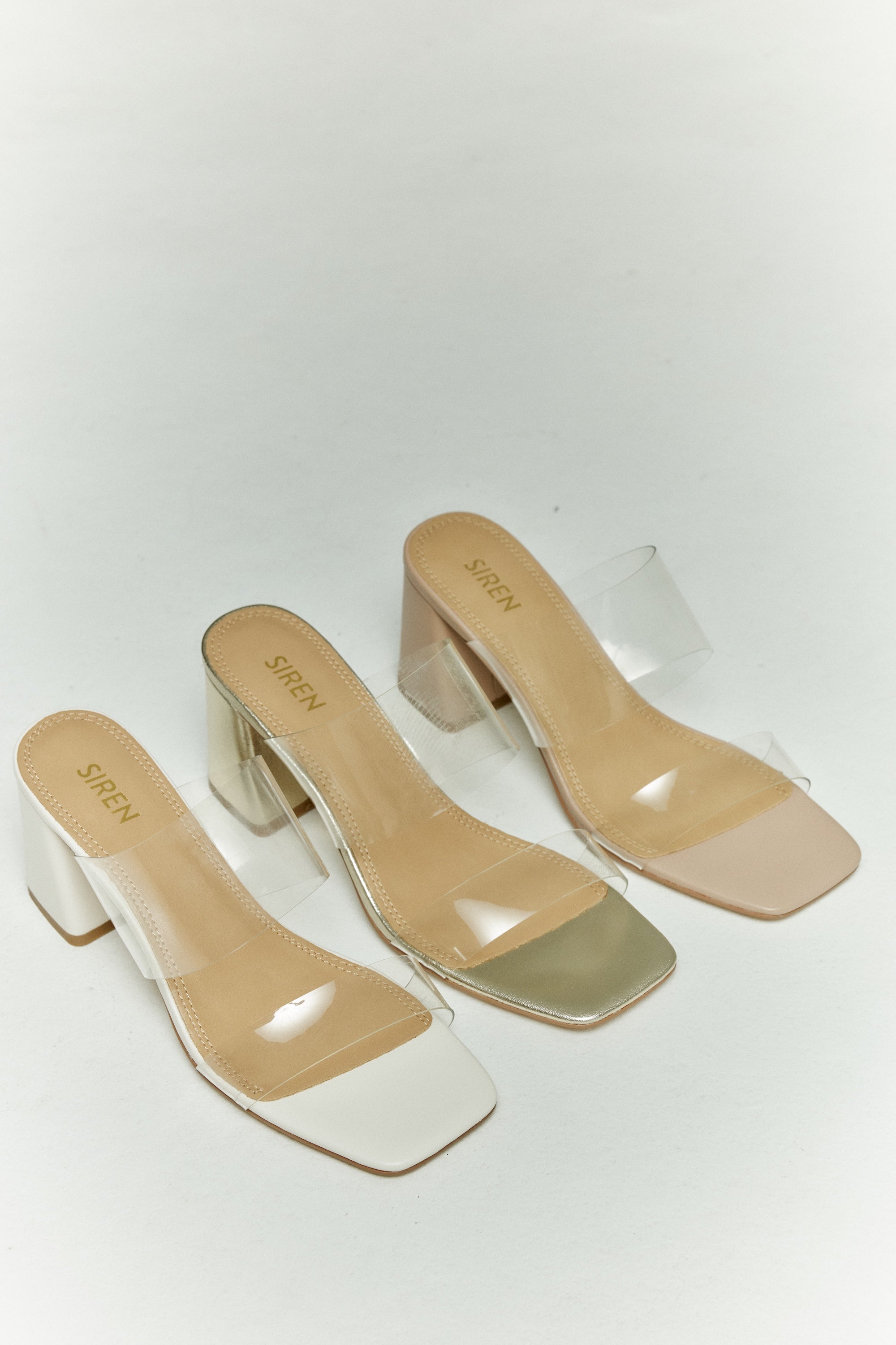 Strife Block Heel Mules Chalk White Leather Vinylite – Siren Shoes