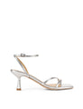Women's strappy silver heels with buckle ankle strap and square toe