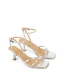 Women's strappy silver heels with buckle ankle strap and square toe