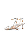 Women's strappy silver heels with buckle ankle strap and square toe