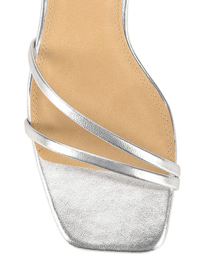 Women's strappy silver heels with buckle ankle strap and square toe