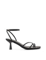 Women's black leather slim heel strappy sandal with square toe