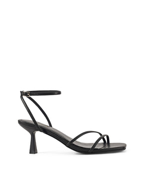 Women's black leather slim heel strappy sandal with square toe