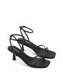 Women's black leather slim heel strappy sandal with square toe