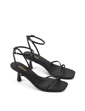 Women's black leather slim heel strappy sandal with square toe