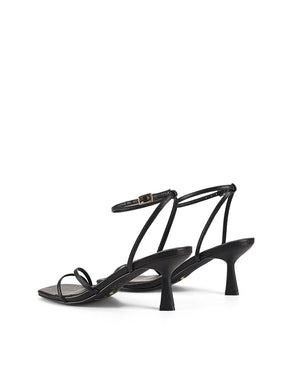 Women's black leather slim heel strappy sandal with square toe
