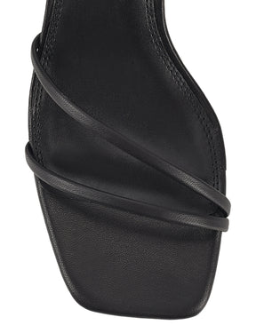 Women's black leather slim heel strappy sandal with square toe