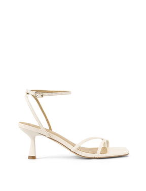 Women's chalk white strappy leather stiletto heeled sandal with square toe, dainty straps and square toe