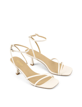 Women's chalk white strappy leather stiletto heeled sandal with square toe, dainty straps and square toe