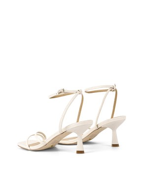 Women's chalk white strappy leather stiletto heeled sandal with square toe, dainty straps and square toe