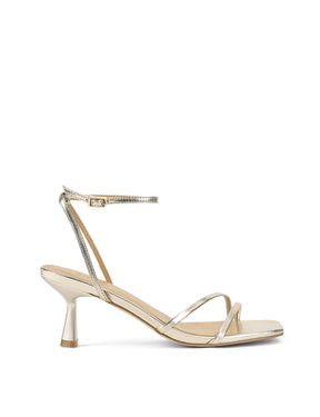 Women's gold metallic strappy leather stiletto heeled sandal with square toe, dainty straps and square toe