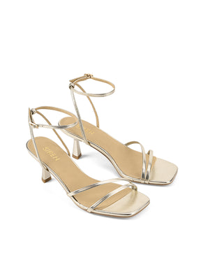 Women's gold metallic strappy leather stiletto heeled sandal with square toe, dainty straps and square toe