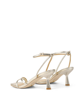 Women's gold metallic strappy leather stiletto heeled sandal with square toe, dainty straps and square toe
