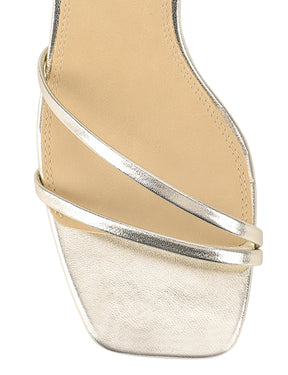 Women's gold metallic strappy leather stiletto heeled sandal with square toe, dainty straps and square toe