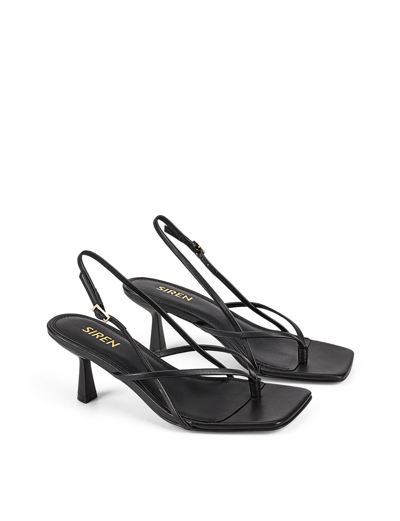 Women's black leather strappy thong kitten heel