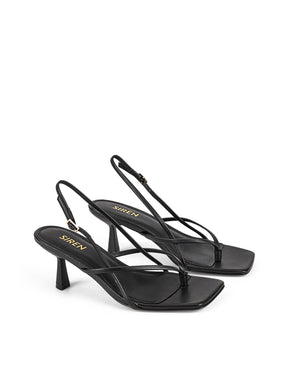 Women's black leather strappy thong kitten heel