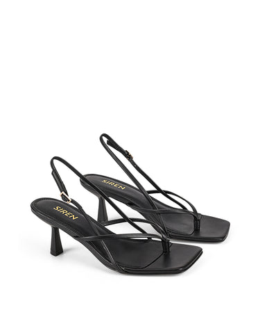 Women's black leather strappy thong kitten heel