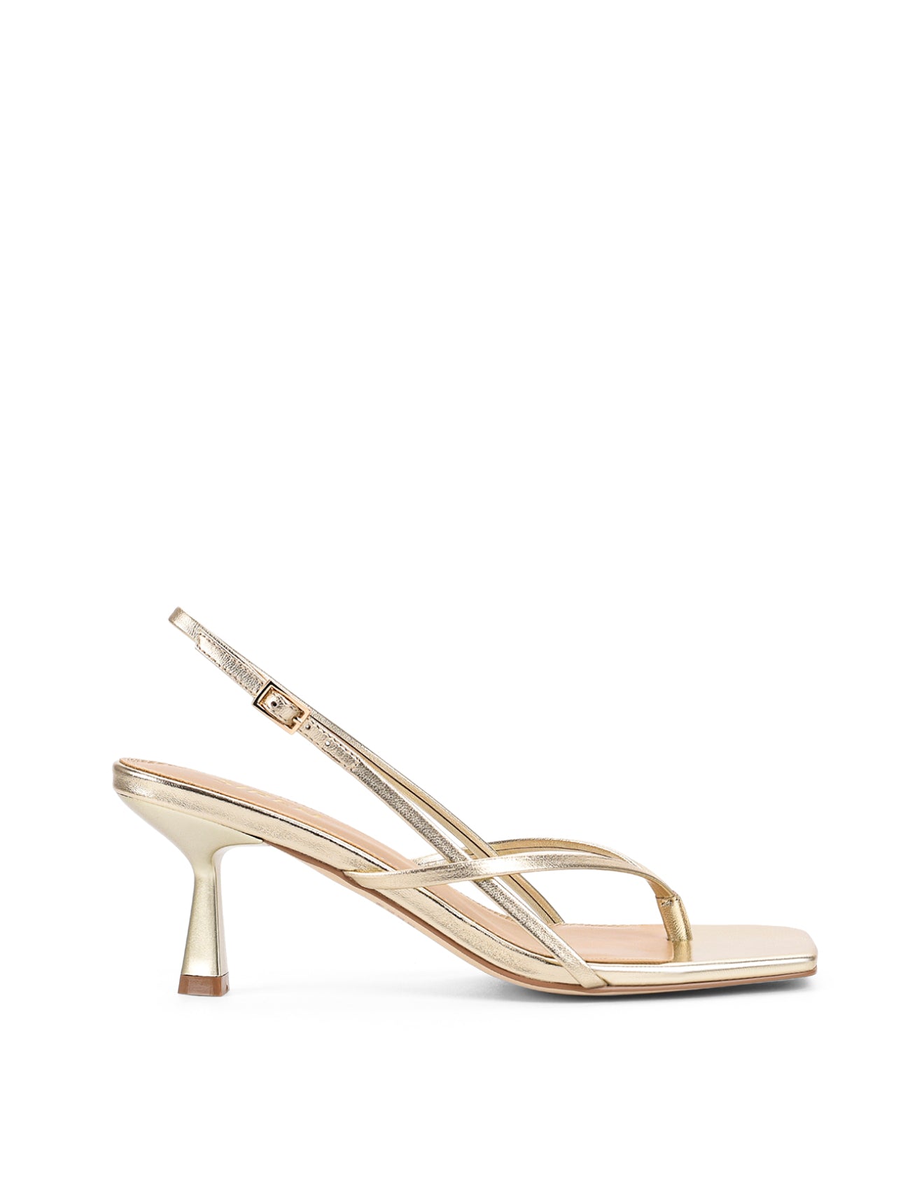 Women's gold metallic leather strappy heeled sandal with square toe and slingback fastening