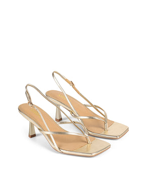 Women's gold metallic leather strappy heeled sandal with square toe and slingback fastening