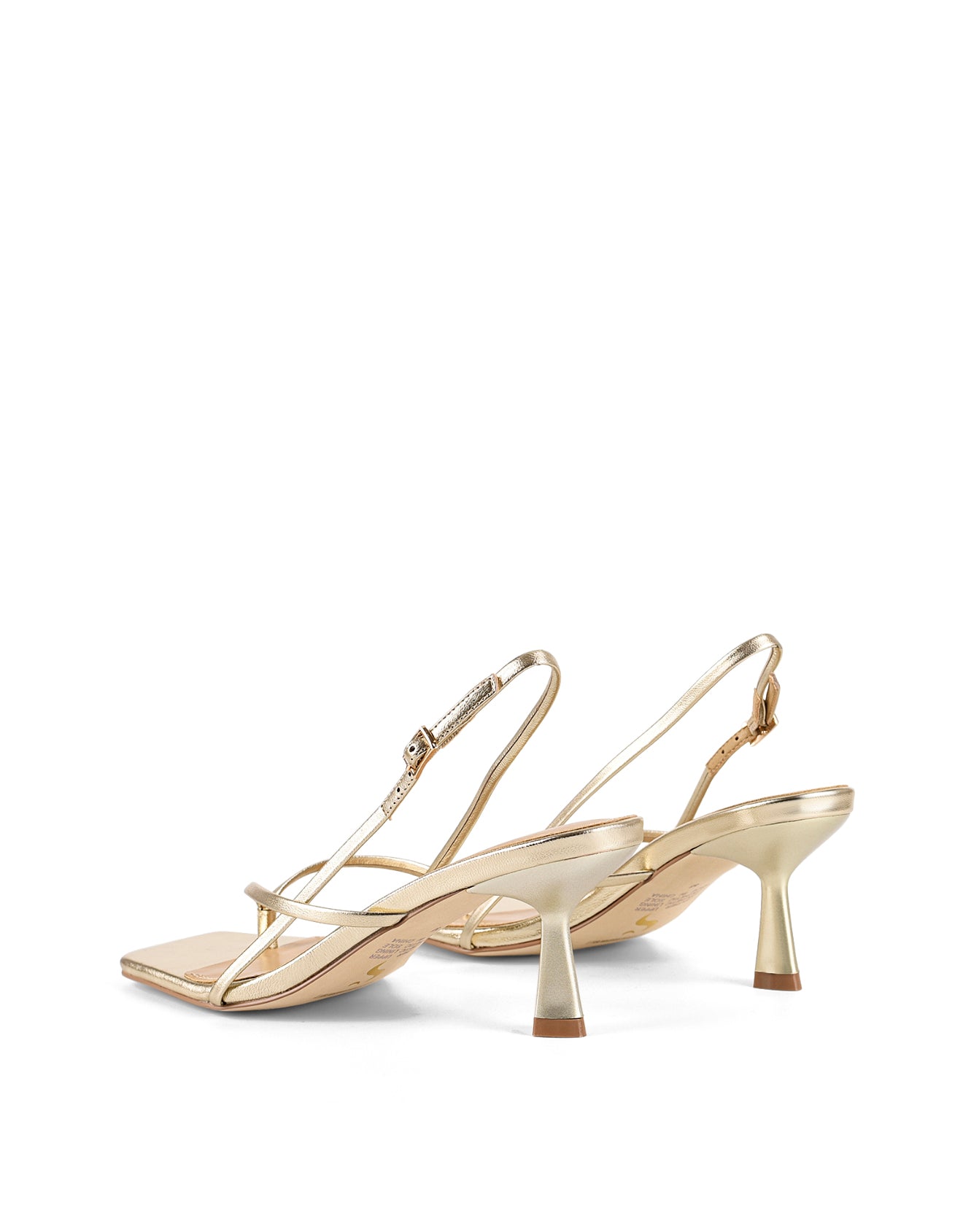 Women's gold metallic leather strappy heeled sandal with square toe and slingback fastening