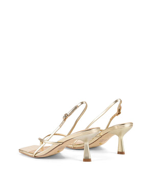 Women's gold metallic leather strappy heeled sandal with square toe and slingback fastening