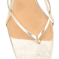 Women's gold metallic leather strappy heeled sandal with square toe and slingback fastening