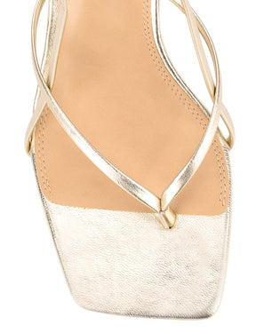 Women's gold metallic leather strappy heeled sandal with square toe and slingback fastening