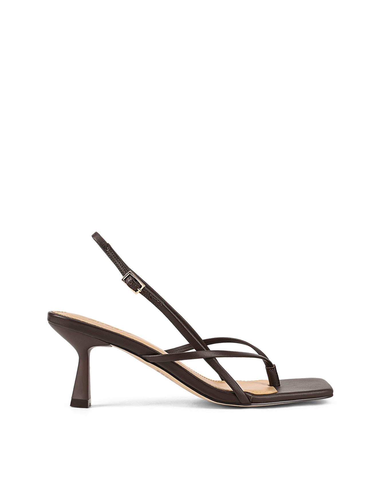 Women's chocolate brown leather thong kitten heel with square toe