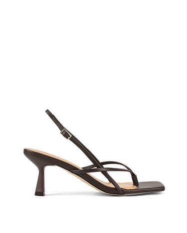 Women's chocolate brown leather thong kitten heel with square toe