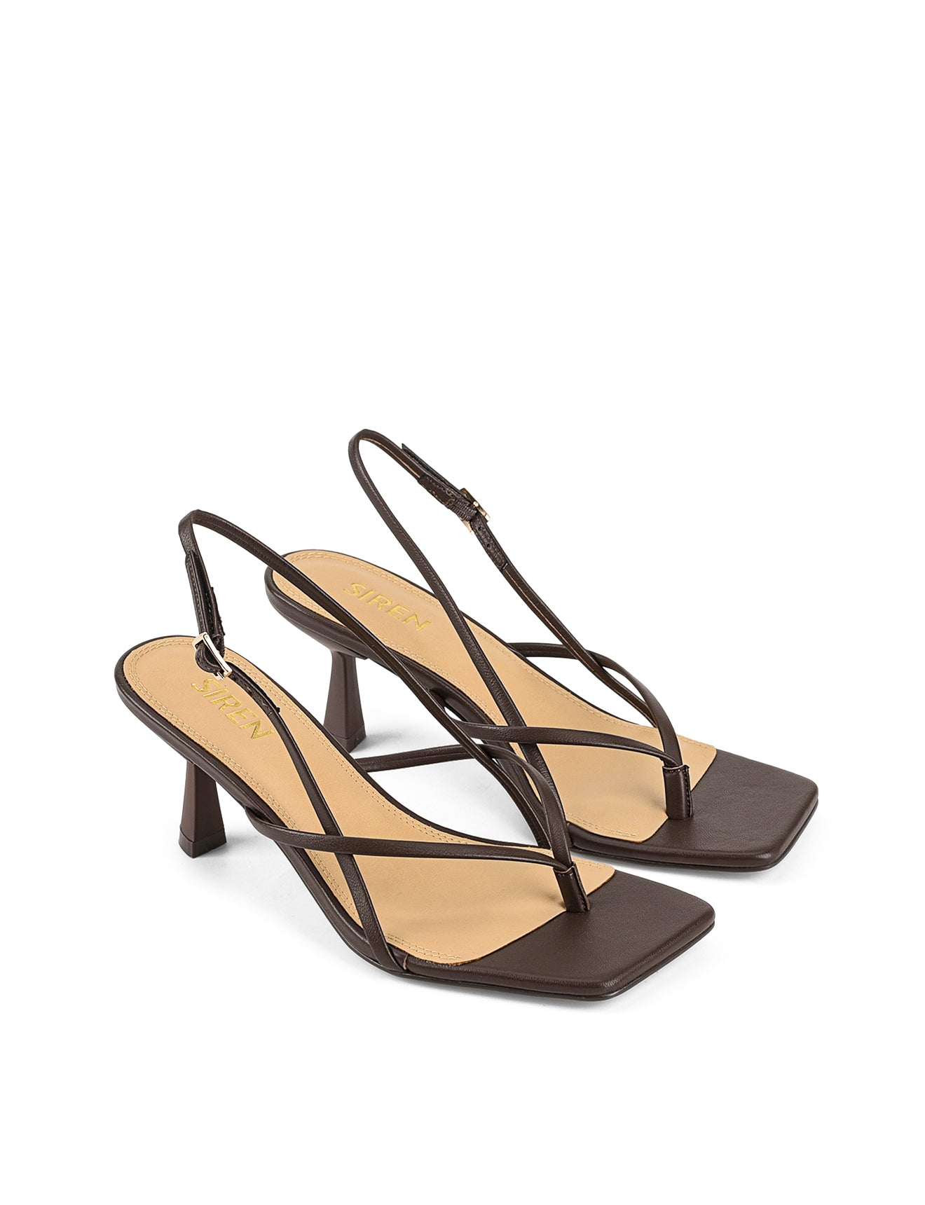 Women's chocolate brown leather thong kitten heel with square toe